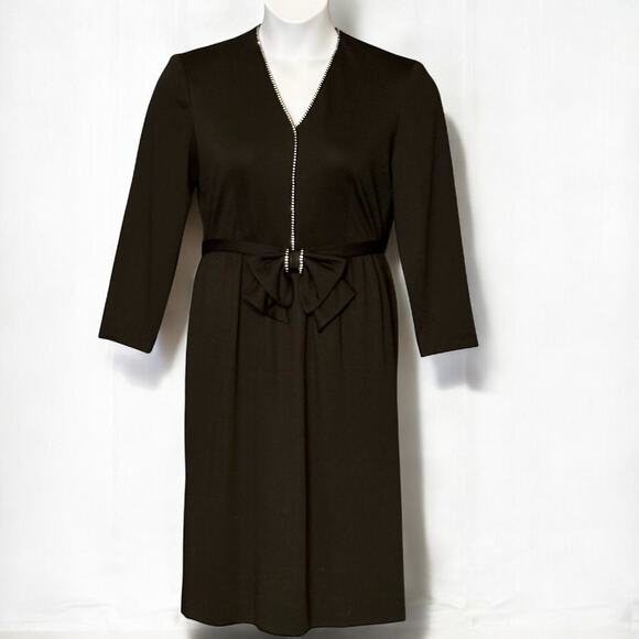 Vintage 70s Caron Petite Black Rhinestone Cocktail Dress 10P Bow Belt Retro Midi - Picture 1 of 10